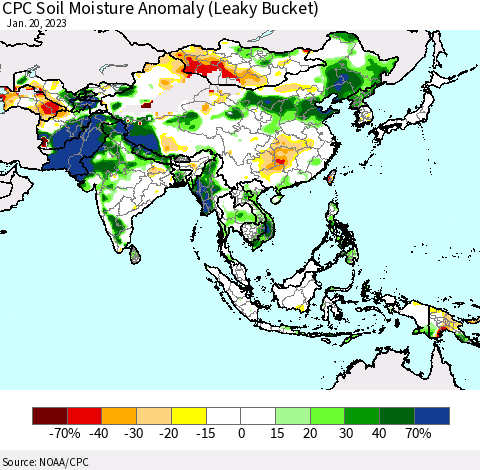 Asia CPC Soil Moisture Anomaly (Leaky Bucket) Thematic Map For 1/16/2023 - 1/20/2023