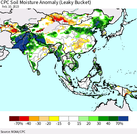 Asia CPC Soil Moisture Anomaly (Leaky Bucket) Thematic Map For 2/6/2023 - 2/10/2023