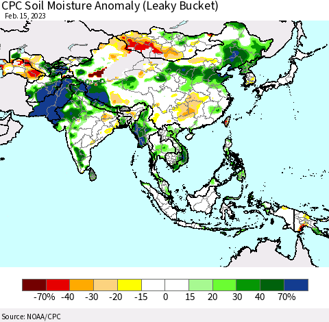 Asia CPC Soil Moisture Anomaly (Leaky Bucket) Thematic Map For 2/11/2023 - 2/15/2023