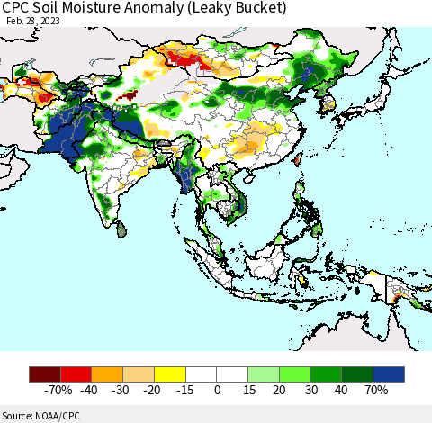 Asia CPC Soil Moisture Anomaly (Leaky Bucket) Thematic Map For 2/26/2023 - 2/28/2023