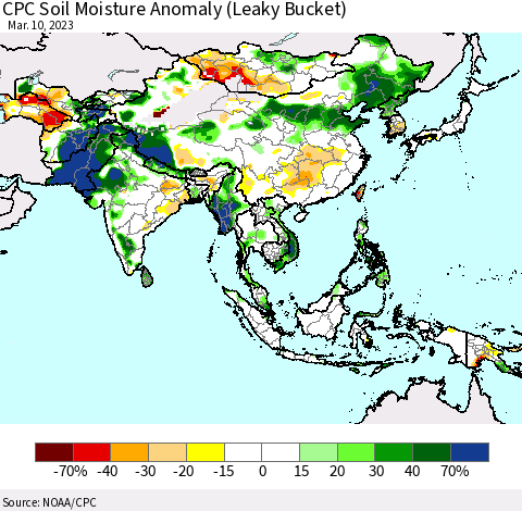 Asia CPC Soil Moisture Anomaly (Leaky Bucket) Thematic Map For 3/6/2023 - 3/10/2023
