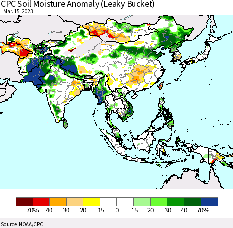 Asia CPC Soil Moisture Anomaly (Leaky Bucket) Thematic Map For 3/11/2023 - 3/15/2023