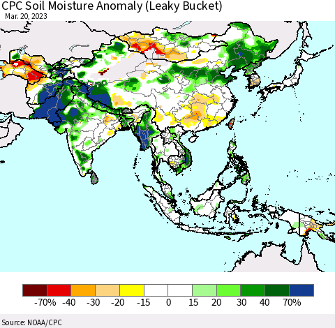 Asia CPC Soil Moisture Anomaly (Leaky Bucket) Thematic Map For 3/16/2023 - 3/20/2023