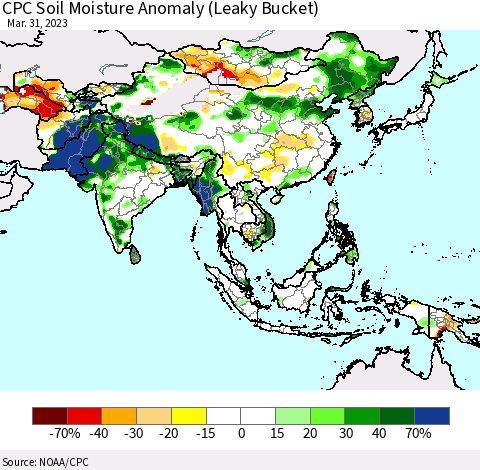 Asia CPC Soil Moisture Anomaly (Leaky Bucket) Thematic Map For 3/26/2023 - 3/31/2023