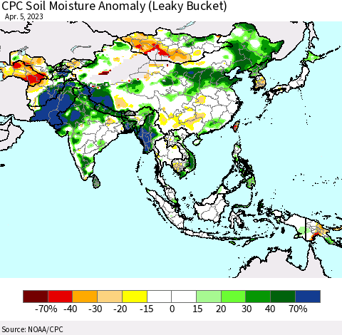 Asia CPC Soil Moisture Anomaly (Leaky Bucket) Thematic Map For 4/1/2023 - 4/5/2023