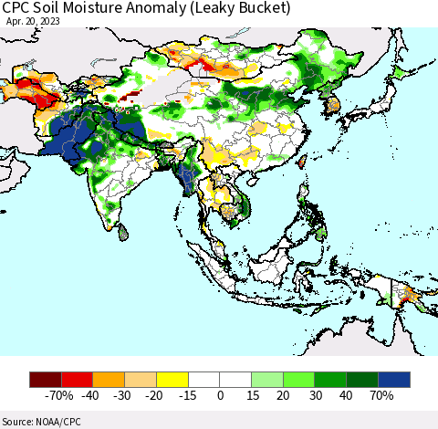 Asia CPC Soil Moisture Anomaly (Leaky Bucket) Thematic Map For 4/16/2023 - 4/20/2023
