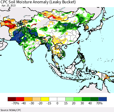 Asia CPC Soil Moisture Anomaly (Leaky Bucket) Thematic Map For 4/21/2023 - 4/25/2023