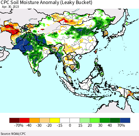 Asia CPC Soil Moisture Anomaly (Leaky Bucket) Thematic Map For 4/26/2023 - 4/30/2023