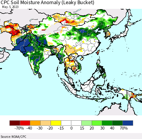 Asia CPC Soil Moisture Anomaly (Leaky Bucket) Thematic Map For 5/1/2023 - 5/5/2023