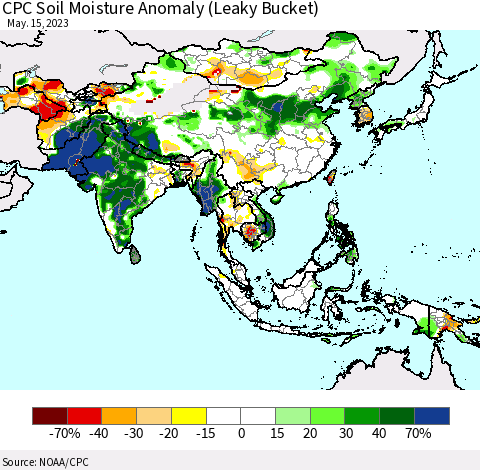 Asia CPC Soil Moisture Anomaly (Leaky Bucket) Thematic Map For 5/11/2023 - 5/15/2023