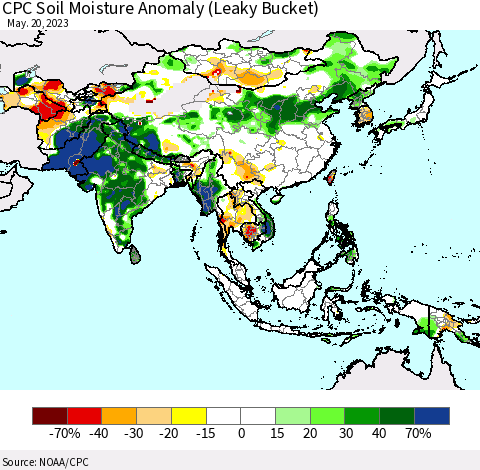 Asia CPC Soil Moisture Anomaly (Leaky Bucket) Thematic Map For 5/16/2023 - 5/20/2023