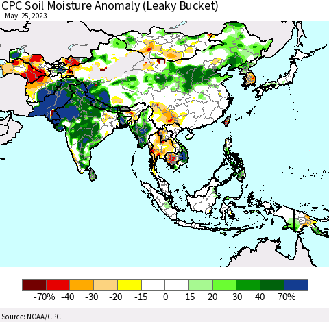 Asia CPC Soil Moisture Anomaly (Leaky Bucket) Thematic Map For 5/21/2023 - 5/25/2023