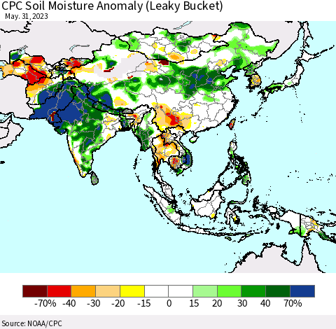 Asia CPC Soil Moisture Anomaly (Leaky Bucket) Thematic Map For 5/26/2023 - 5/31/2023