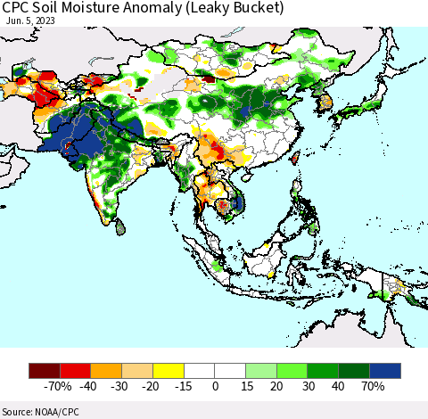 Asia CPC Soil Moisture Anomaly (Leaky Bucket) Thematic Map For 6/1/2023 - 6/5/2023