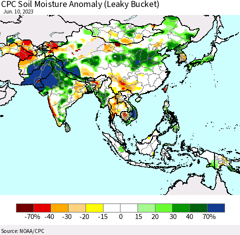 Asia CPC Soil Moisture Anomaly (Leaky Bucket) Thematic Map For 6/6/2023 - 6/10/2023