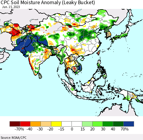 Asia CPC Soil Moisture Anomaly (Leaky Bucket) Thematic Map For 6/11/2023 - 6/15/2023