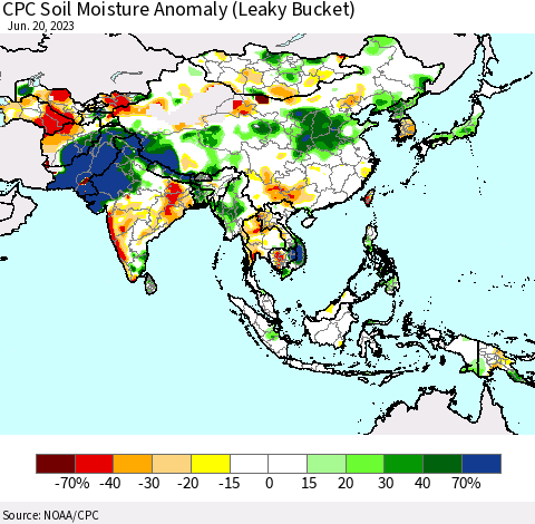 Asia CPC Soil Moisture Anomaly (Leaky Bucket) Thematic Map For 6/16/2023 - 6/20/2023