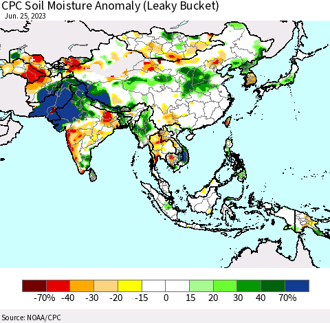 Asia CPC Soil Moisture Anomaly (Leaky Bucket) Thematic Map For 6/21/2023 - 6/25/2023