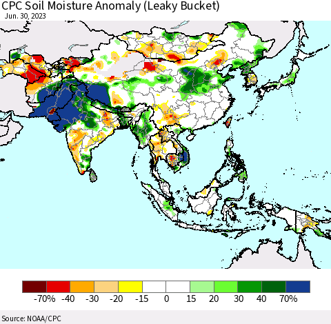 Asia CPC Soil Moisture Anomaly (Leaky Bucket) Thematic Map For 6/26/2023 - 6/30/2023