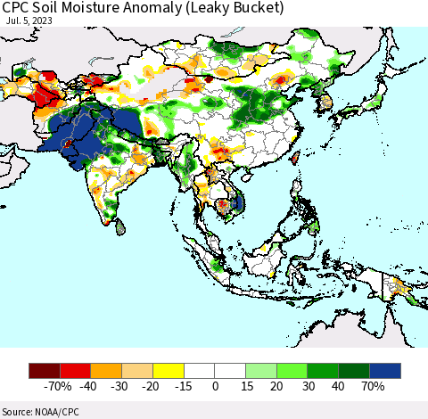 Asia CPC Soil Moisture Anomaly (Leaky Bucket) Thematic Map For 7/1/2023 - 7/5/2023