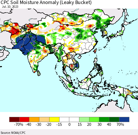 Asia CPC Soil Moisture Anomaly (Leaky Bucket) Thematic Map For 7/6/2023 - 7/10/2023