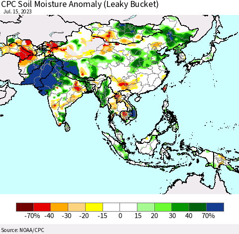 Asia CPC Soil Moisture Anomaly (Leaky Bucket) Thematic Map For 7/11/2023 - 7/15/2023