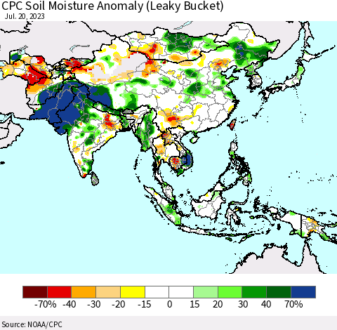 Asia CPC Soil Moisture Anomaly (Leaky Bucket) Thematic Map For 7/16/2023 - 7/20/2023