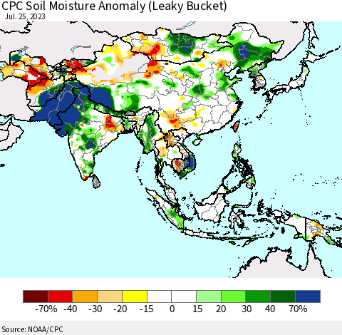Asia CPC Soil Moisture Anomaly (Leaky Bucket) Thematic Map For 7/21/2023 - 7/25/2023