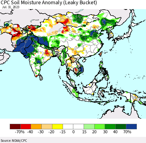 Asia CPC Soil Moisture Anomaly (Leaky Bucket) Thematic Map For 7/26/2023 - 7/31/2023
