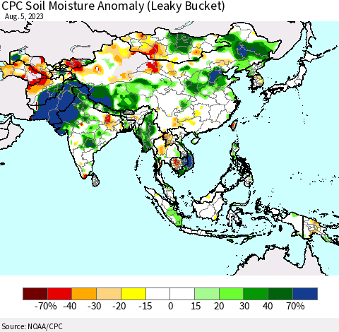 Asia CPC Soil Moisture Anomaly (Leaky Bucket) Thematic Map For 8/1/2023 - 8/5/2023