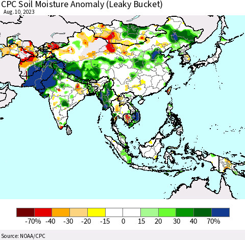 Asia CPC Soil Moisture Anomaly (Leaky Bucket) Thematic Map For 8/6/2023 - 8/10/2023