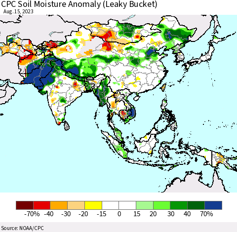 Asia CPC Soil Moisture Anomaly (Leaky Bucket) Thematic Map For 8/11/2023 - 8/15/2023