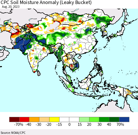 Asia CPC Soil Moisture Anomaly (Leaky Bucket) Thematic Map For 8/16/2023 - 8/20/2023