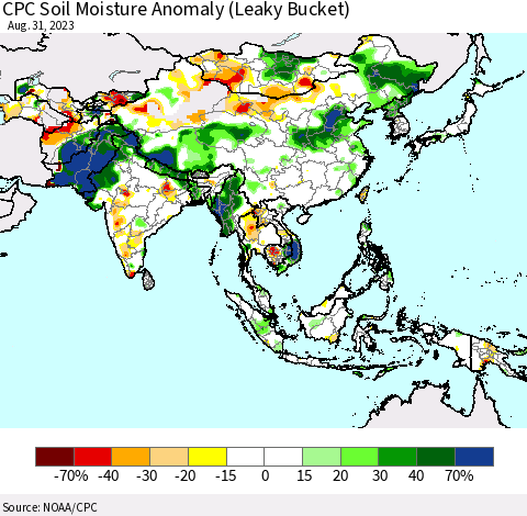 Asia CPC Soil Moisture Anomaly (Leaky Bucket) Thematic Map For 8/26/2023 - 8/31/2023