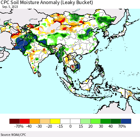 Asia CPC Soil Moisture Anomaly (Leaky Bucket) Thematic Map For 9/1/2023 - 9/5/2023