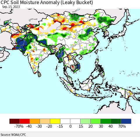 Asia CPC Soil Moisture Anomaly (Leaky Bucket) Thematic Map For 9/11/2023 - 9/15/2023