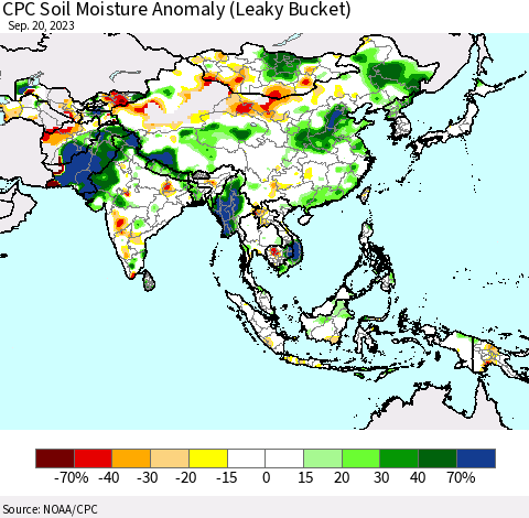 Asia CPC Soil Moisture Anomaly (Leaky Bucket) Thematic Map For 9/16/2023 - 9/20/2023