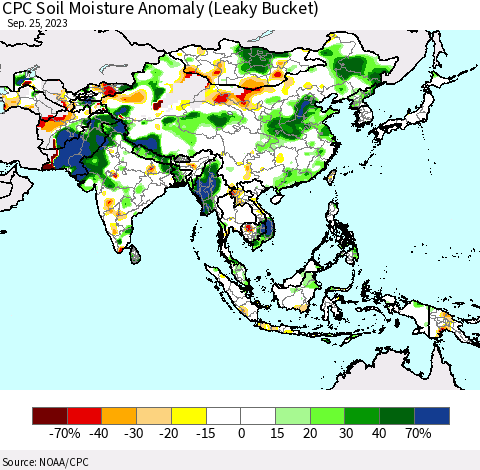 Asia CPC Soil Moisture Anomaly (Leaky Bucket) Thematic Map For 9/21/2023 - 9/25/2023