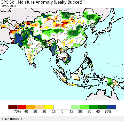 Asia CPC Soil Moisture Anomaly (Leaky Bucket) Thematic Map For 10/1/2023 - 10/5/2023