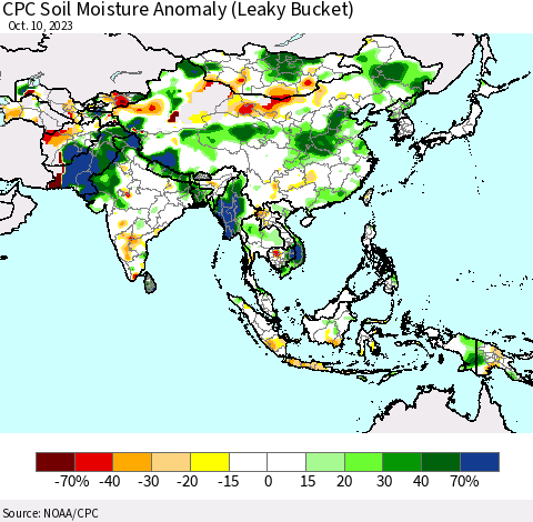 Asia CPC Soil Moisture Anomaly (Leaky Bucket) Thematic Map For 10/6/2023 - 10/10/2023