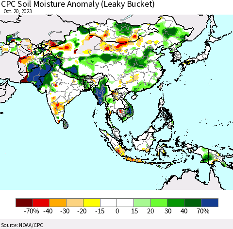 Asia CPC Soil Moisture Anomaly (Leaky Bucket) Thematic Map For 10/16/2023 - 10/20/2023