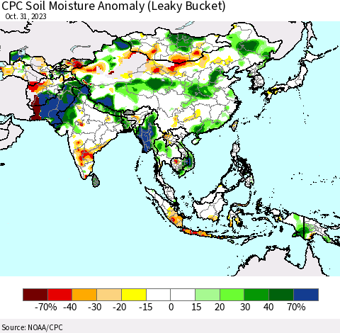 Asia CPC Soil Moisture Anomaly (Leaky Bucket) Thematic Map For 10/26/2023 - 10/31/2023