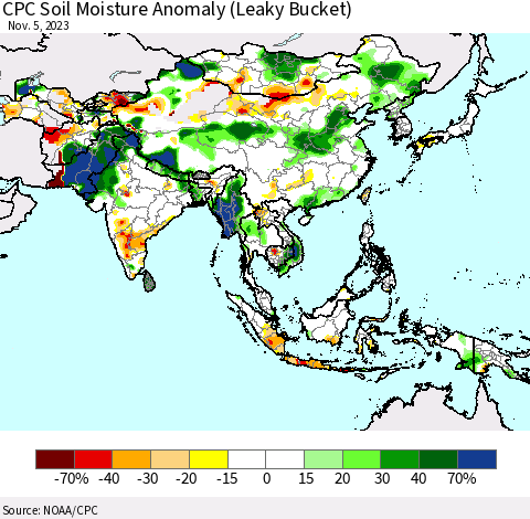 Asia CPC Soil Moisture Anomaly (Leaky Bucket) Thematic Map For 11/1/2023 - 11/5/2023