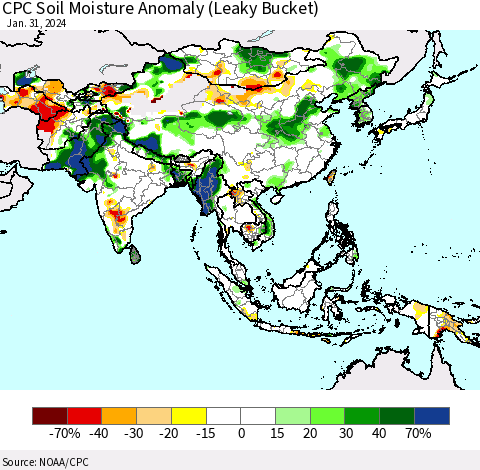 Asia CPC Soil Moisture Anomaly (Leaky Bucket) Thematic Map For 1/26/2024 - 1/31/2024