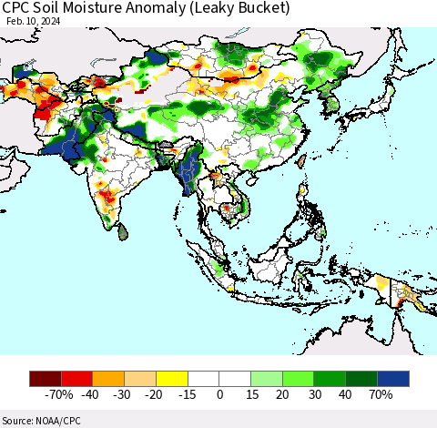 Asia CPC Soil Moisture Anomaly (Leaky Bucket) Thematic Map For 2/6/2024 - 2/10/2024
