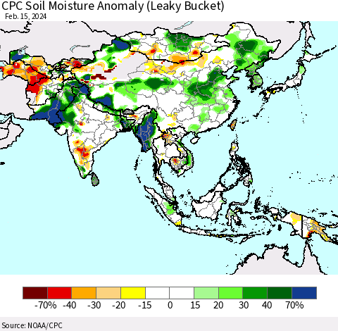Asia CPC Soil Moisture Anomaly (Leaky Bucket) Thematic Map For 2/11/2024 - 2/15/2024