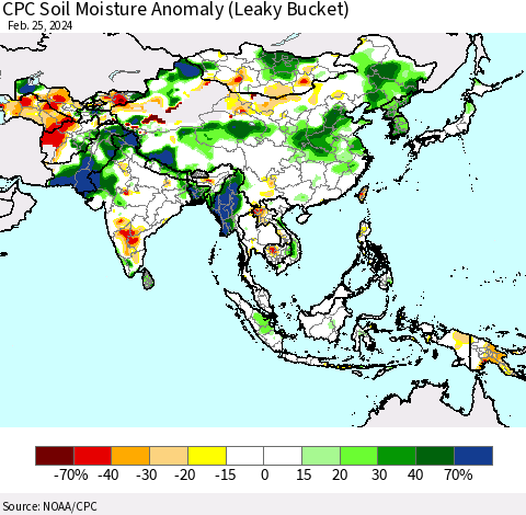 Asia CPC Soil Moisture Anomaly (Leaky Bucket) Thematic Map For 2/21/2024 - 2/25/2024