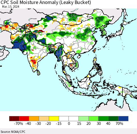 Asia CPC Soil Moisture Anomaly (Leaky Bucket) Thematic Map For 3/11/2024 - 3/15/2024