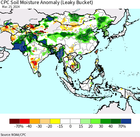 Asia CPC Soil Moisture Anomaly (Leaky Bucket) Thematic Map For 3/21/2024 - 3/25/2024