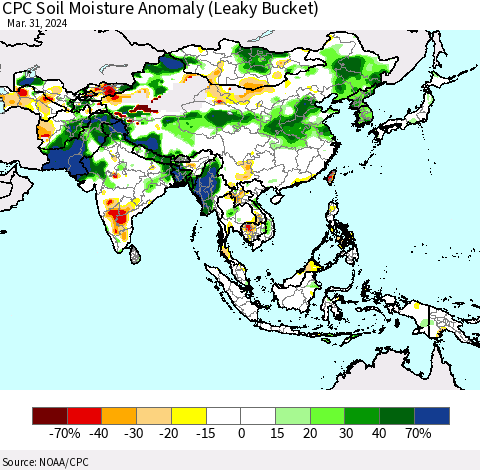 Asia CPC Soil Moisture Anomaly (Leaky Bucket) Thematic Map For 3/26/2024 - 3/31/2024
